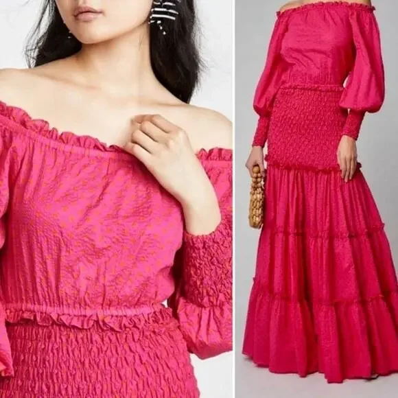 Alexis Thalssa Off The Shoulder Shirred Fuschia Dot Maxi Dress Small Preowned